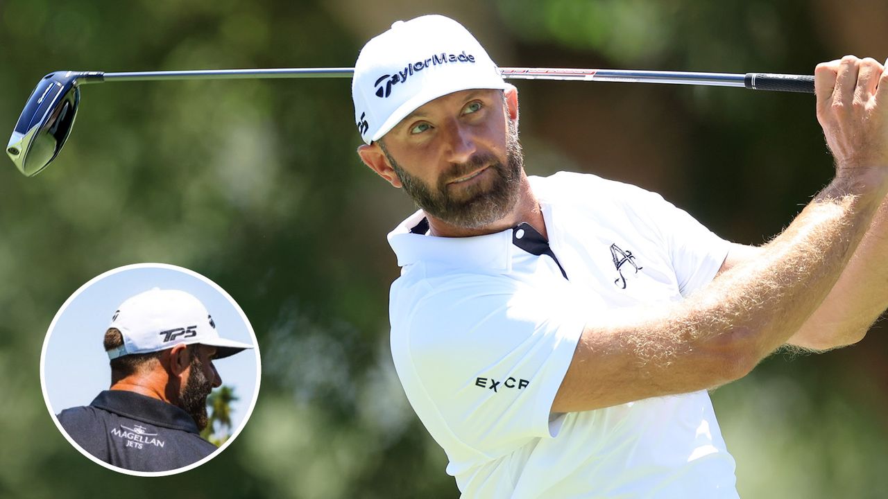 Dustin Johnson strikes a tee shot with a driver