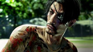 A screenshot of Like a Dragon: Pirate Yakuza in Hawaii showing Majima close up.