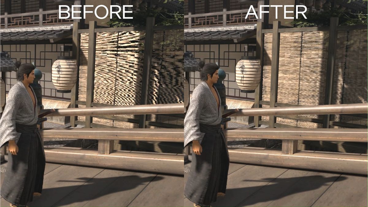 A still from a short clip showing the difference in image quality using Intel XeSS 1.3, with a samurai walking past a bamboo wall