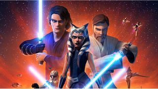 Captura de pantalla de Ahsoka, Obi-Wan y Anakin en Star Wars: The Clone Wars.