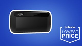 Crucial X8 1TB portable SSD on blue background with TechRadar logo