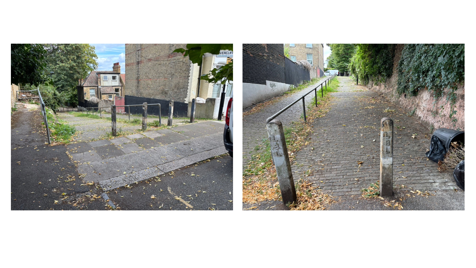 Two photos of a cobblestoned climb
