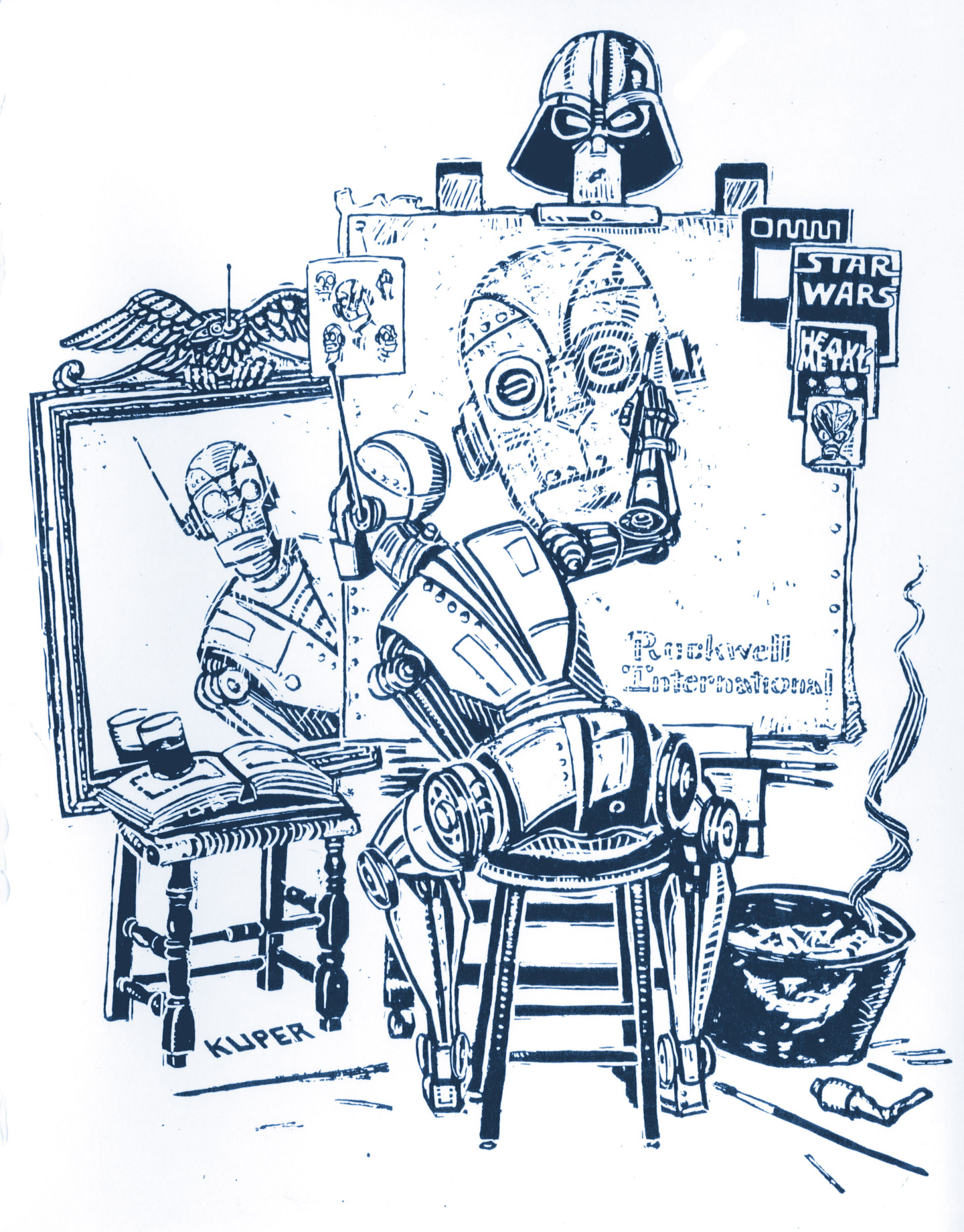 This cartoon is an homage to Norman Rockwell&amp;rsquo;s &amp;ldquo;Triple Self Portrait.&amp;rdquo; Rockwell&amp;rsquo;s painting shows the artist looking into a mirror and using that to paint a self portrait. In this version, the artist is a robot looking at itself in a mirror and painting itself on a portrait labeled &amp;ldquo;Rockwell International.&amp;rdquo;