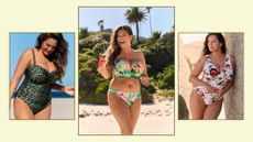 three shots of kelly brook wearing swimwear