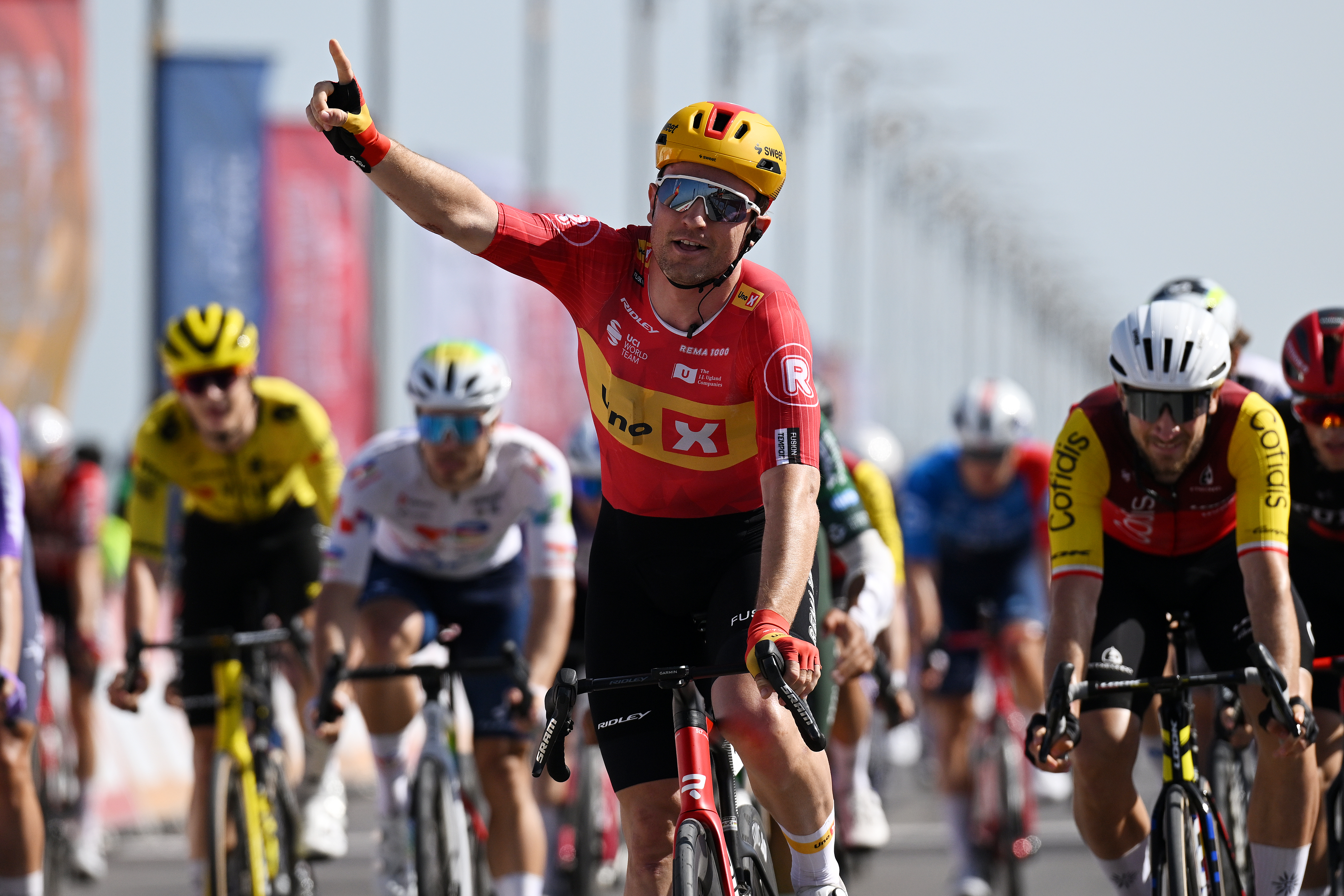 SOHAR, OMAN - FEBRUARY 10: Erlend Blikra of Norway and Team Uno-X Mobility celebrates at finish line as stage winner during the 15th Tour of Oman 2026, Stage 4 a 146,8km stage from Al Sawadi Beach to Sohar on February 10, 2026 in Sohar, Oman. (Photo by Dario Belingheri/Getty Images)