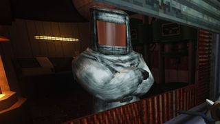 The Blacksmith, Abiotic Factor's trader in the Manufacturing West sector. His arms are crossed, you can't see his face, and he's wearing a heatsuit.