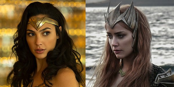 Gal Gadot as Wonder Woman and Amber Heard as Mera in Aquaman