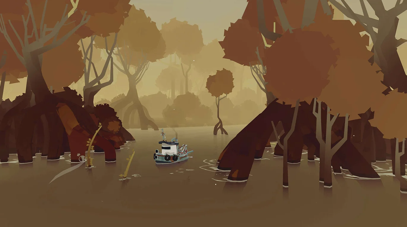 A screenshot of Dredge showing the player's ship amid a mangrove.
