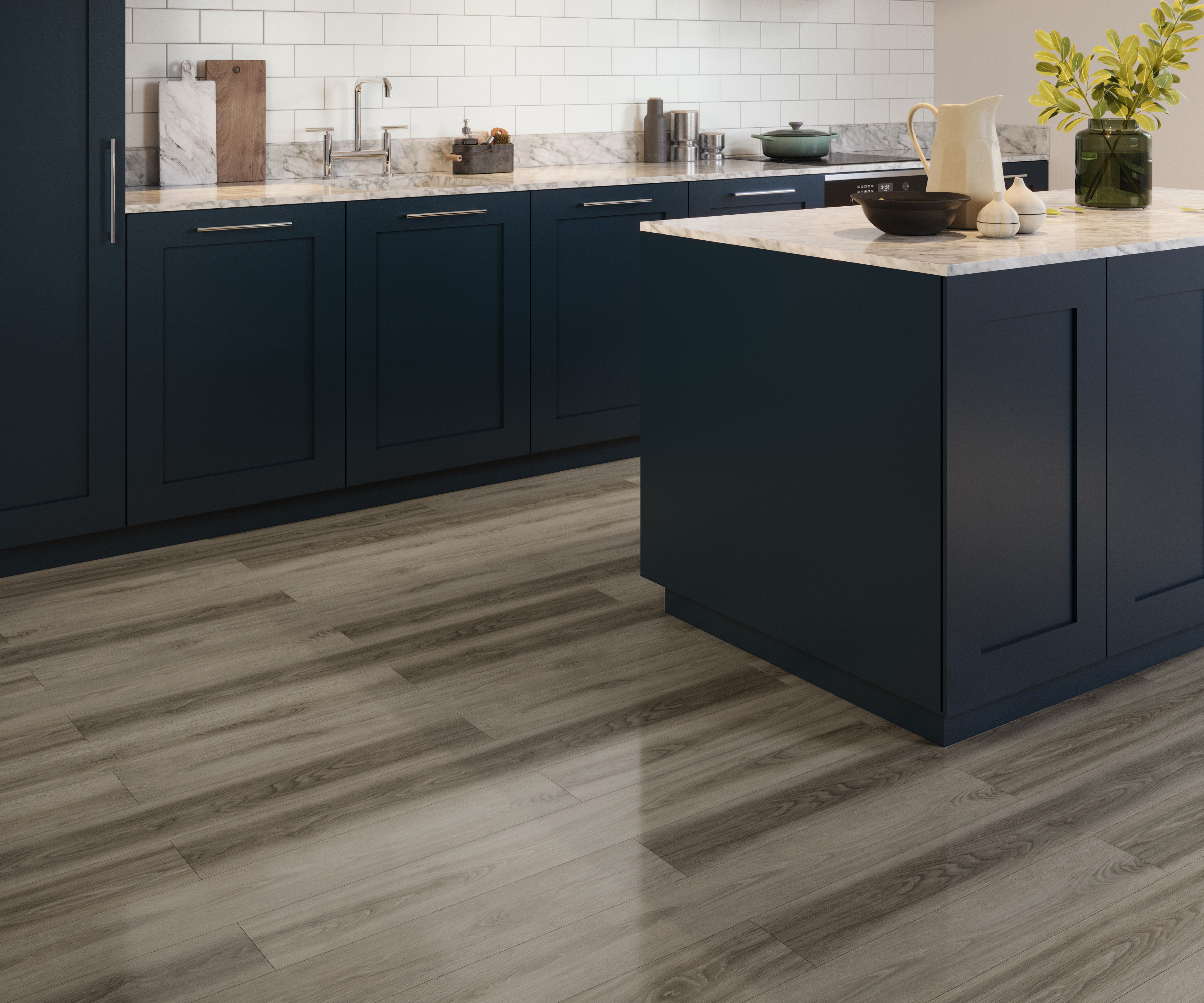 Heddal High Gloss Grey Water Resistant Laminate Flooring by Topps Tiles in blue kitchen