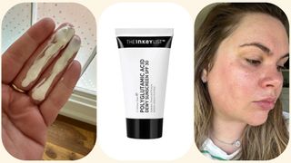 Images of product texture, packaging, and Lucy wearing The Inkey List Polyglutamic Acid Dewy Sunscreen SPF 30