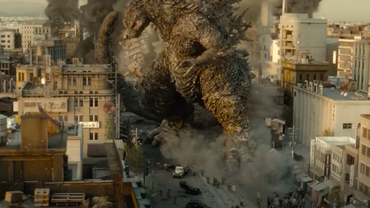 A screenshot of Godzilla destroying a city in Japan during the movie Godzilla Minus One. 