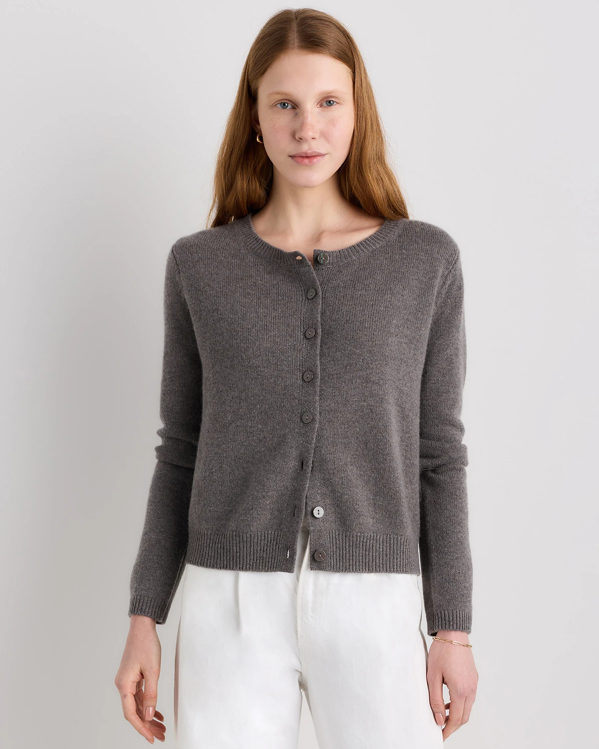Mongolian Cashmere Cropped Crew Cardigan in Elk Brown, Size Xs