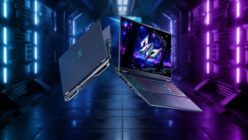 Two Acer Predator Helios Neo 16 AI gaming laptops side by side in front of an abstract blue and purple background