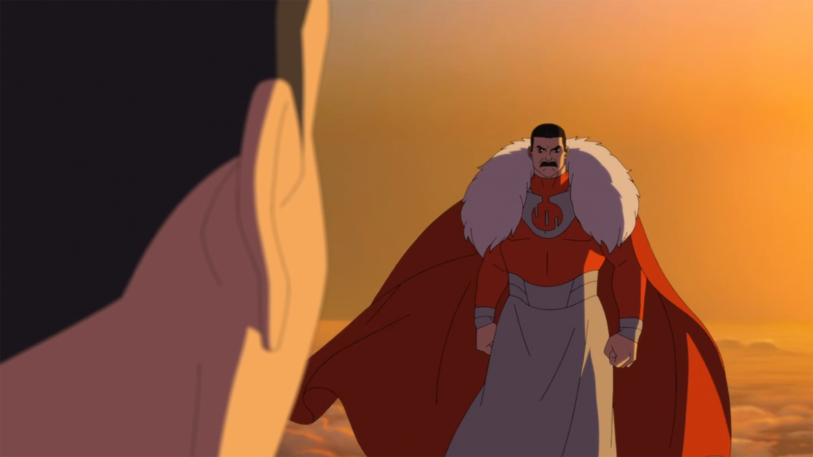 A shot of Thragg looking over Mark's right shoulder in Invincible season 4 episode 8