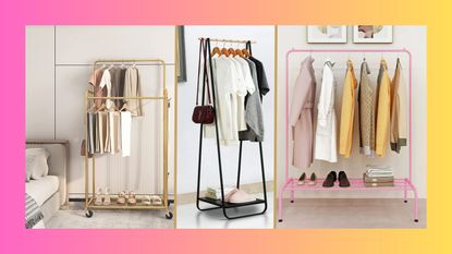 Best clothes racks - three types of clothes racks, one gold on wheels in a bedroom, another black metal with a shelf, another pink metal in bedroom