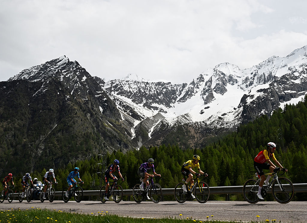BORMIO ITALY MAY 28 A general view of Laurens Huys of Belgium and Team Arkea BB Hotels Daniel Felipe Martinez of Colombia and Team Red Bull BORA hansgrohe Damien Howson of Australia and Team Q365 Pro Cycling Lorenzo Fortunato of Italy and Team XDS Astana Blue Mountain Jersey Chris Harper of Australia and Team Jayco AlUla Steven Kruijswijk of Netherlands and Team Visma Lease a Bike and Stefano Oldani of Italy and Team Cofidis compete in the breakaway climbing to the Passo del Tonale 1880m mountainous landscape during the 108th Giro dItalia 2025 Stage 17 a 155km stage from San Michele allAdige to Bormio 1200m UCIWT on May 28 2025 in Bormio Italy Photo by Tim de WaeleGetty Images
