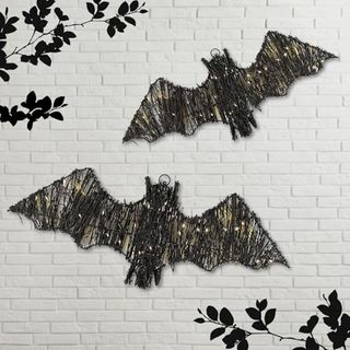 Glooglitter 2 Pack Rattan Bats With Hanging Loops Halloween Lights Hanging Bats Decorations 3d Lit Woven Bats With Timer Remote for Rustic Modern Farmhouse Halloween Decorations