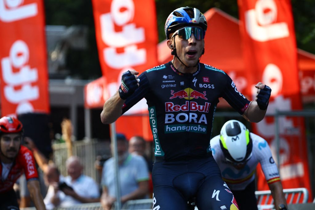 Spanish Roger Adria of Red Bull-Bora-Hansgrohe celebrates as he crosses the finish line to win the one day cycling race Grand Prix de Wallonie 2024 (202,3 km), from Blegny to the Citadelle de Namur, in Namur, on Wednesday 18 September 2024.
BELGA PHOTO DAVID PINTENS (Photo by DAVID PINTENS / BELGA MAG / Belga via AFP)