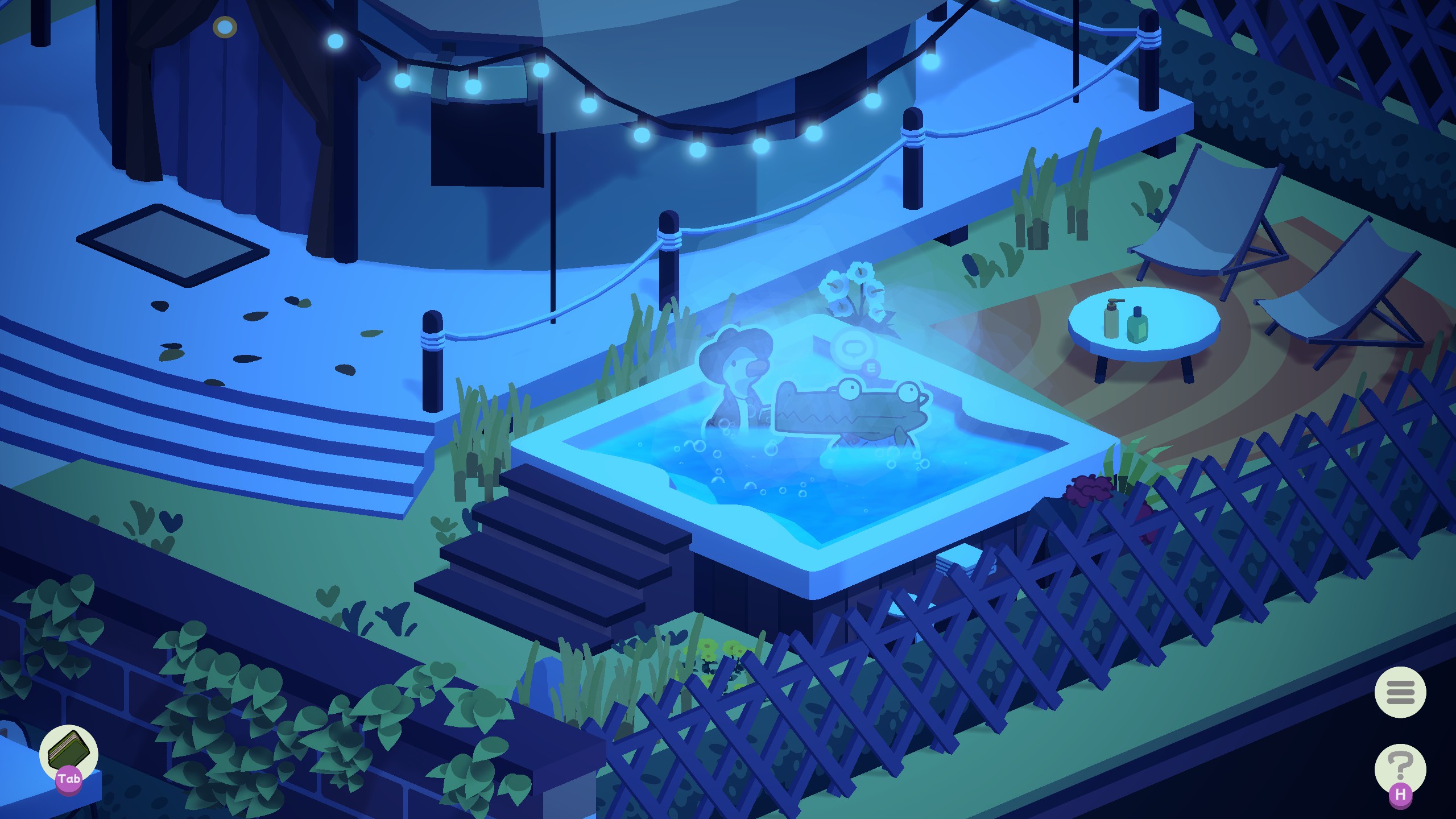 Eugene and Freddy stand in a hot tub in Duck Detective: The Ghost of Glamping