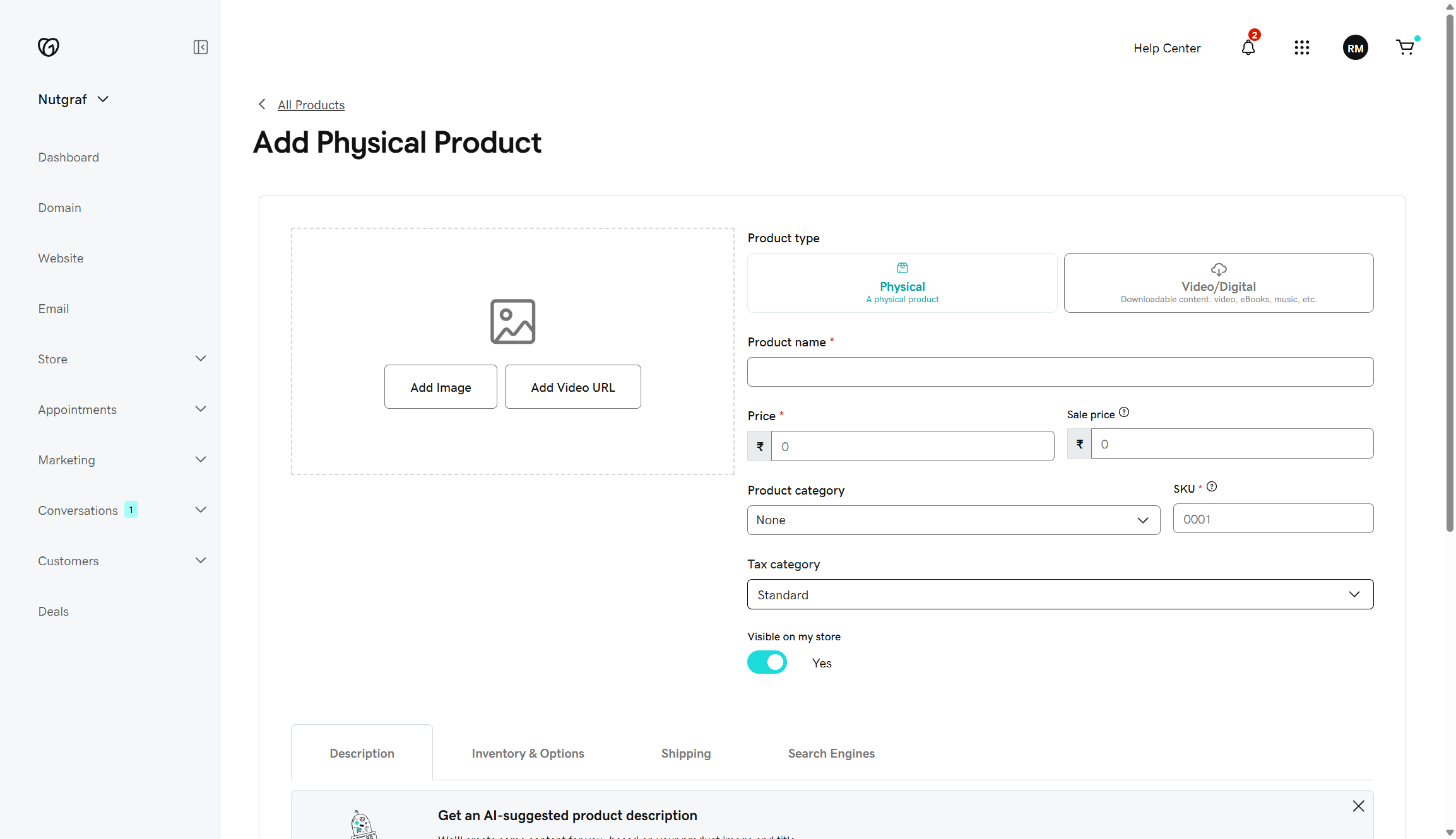 Screenshot of GoDaddy website builder product upload page with a form on.