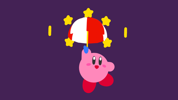 3D Kirby floating through a ring of stars with an umbrella