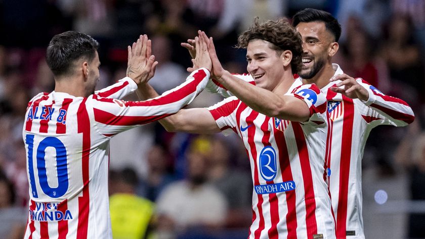 Julian Alvarez celebrating a goal with Alex Baena and Nico Gonzalez ahead of Arsenal vs Atletico Madrid
