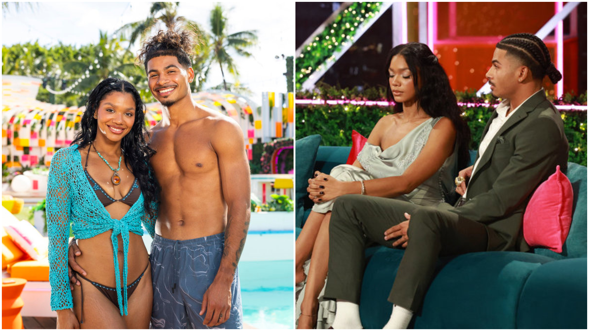 A split image of Melanie Moreno and Sincere Rhea#039;s #039;Love Island USA#039; swimsuit couple portrait, next to the pair sitting on a blue couch in formal wear during the season 8 reunion.