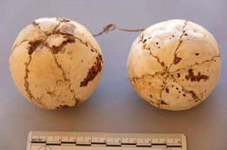 These leather balls found near a pair of ancient sandals.