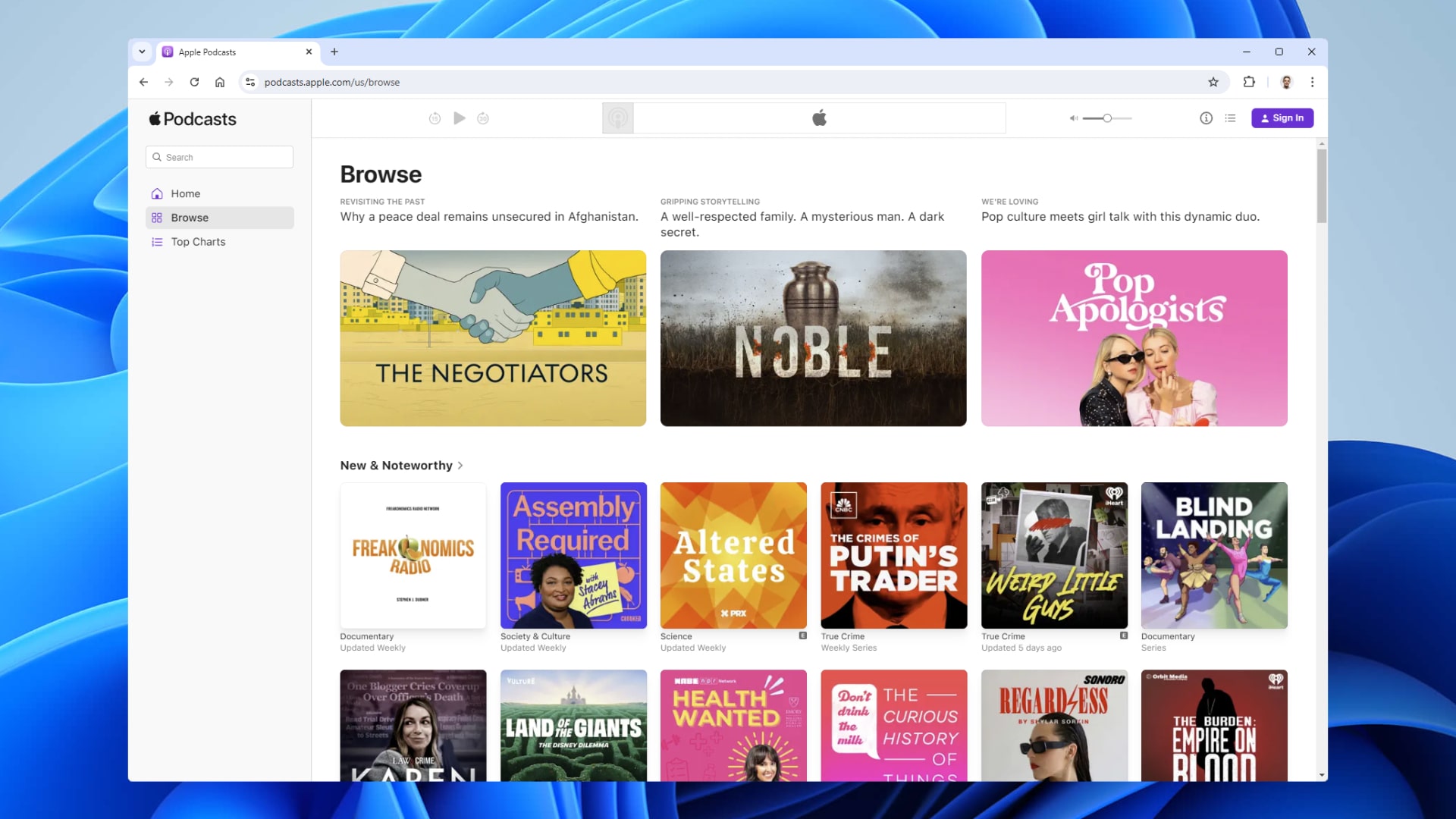 The Apple Podcasts website running in Google Chrome on Windows 11.