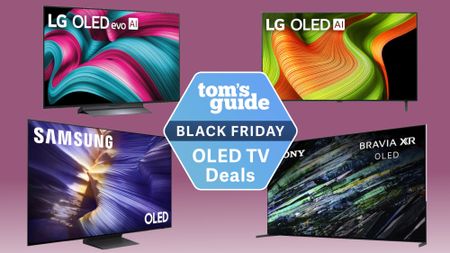 Four different OLED TVs from LG, Samsung and Sony arranged into quandrants in front of a colorful backdrop. In the middle of this arrangement is a hexagonal badge that reads: "Tom's Guide Black Friday OLED TV deals".