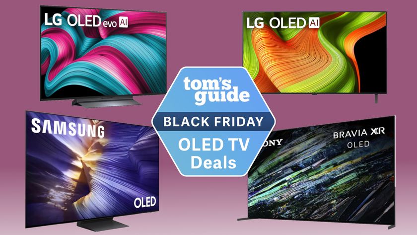 Four different OLED TVs from LG, Samsung and Sony arranged into quandrants in front of a colorful backdrop. In the middle of this arrangement is a hexagonal badge that reads: &quot;Tom&#039;s Guide Black Friday OLED TV deals&quot;.