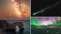 three panel image showing on the left meteors streaking through the sky above an arch rock formation , top right a blue green meteor with a long tail and bottom right northern lights captured from a plane, showing ribbons of purple and green lights above the city lights below. 