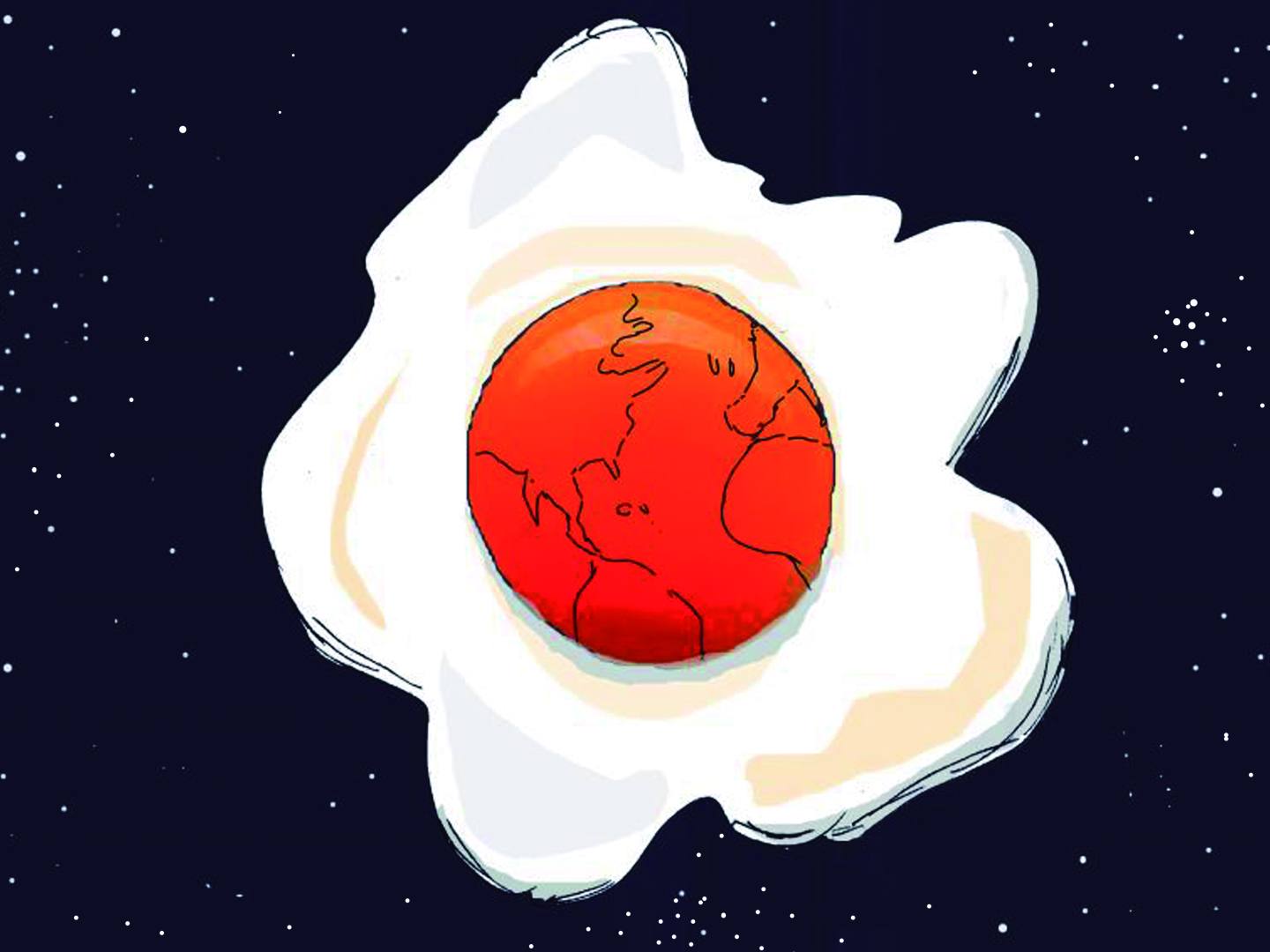 This cartoon depicts Earth as the yolk part of a fried egg. The white part of the egg looks normal, but the yolk is deep red, as if it’s drastically overheating.