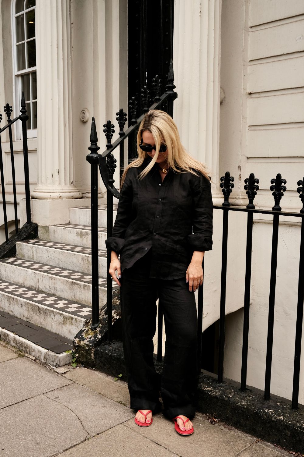 clementina jackson wearing black WNU Linen trousers
