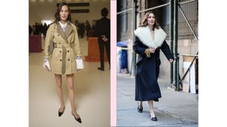 Alexa Chung pictured wearing a pointed pair of pumps and a leather pair of pumps with a long grey coat