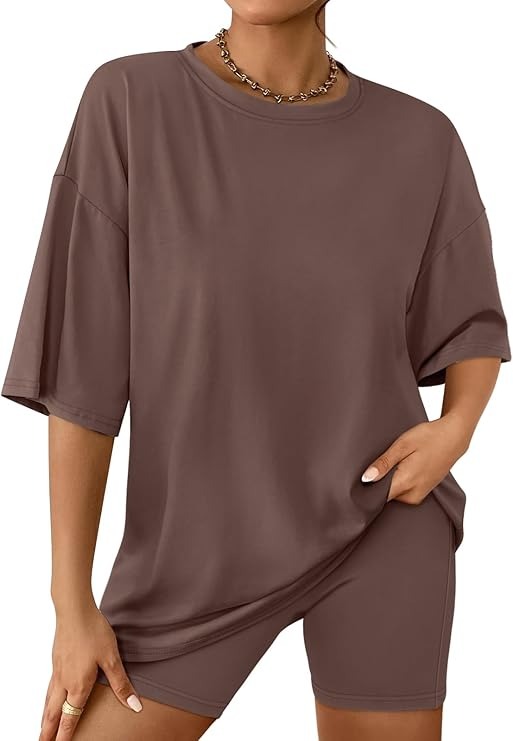 AUTOMET, Automet Summer Fahsion Women 2 Piece Sets Summer Outfits 2025 Two Piece Lounge Set Matching Clothing Oversized Tshirts Biker Short Brown M