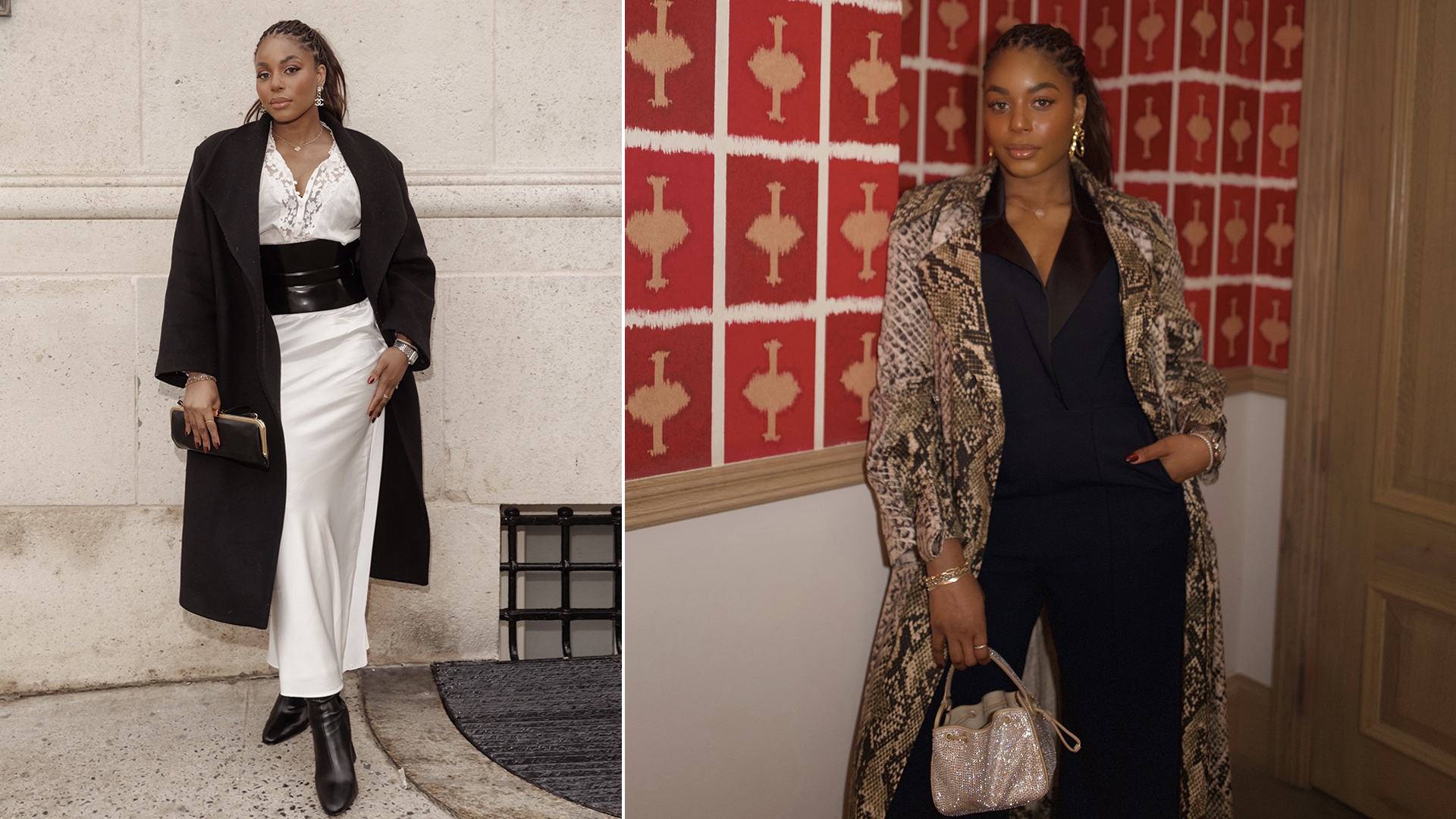 fashion collage of two outfit ideas from influencer Kaye Bassey