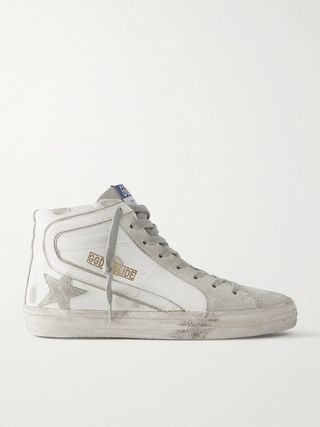 Slide Distressed Suede and Leather High-Top Sneakers