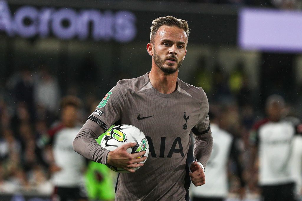 James Maddison of Tottenham Hotspur during the Carabao Cup Second Round match between Fulham and Tottenham Hotspur at Craven Cottage, London on Tuesday 29th August 2023.