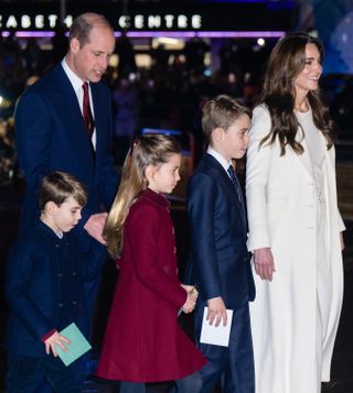 Prince William, Prince of Wales, Prince Louis of Wales, Princess Charlotte of Wales, Prince George of Wales and Catherine, Princess of Wales attend The "Together At Christmas" Carol Service at Westminster Abbey on December 08, 2023 in London, England.