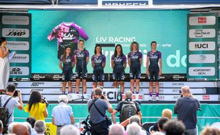 CUNEO, ITALY - JULY 01: Sofia Bertizzolo of Italy, Soraya Paladin of Italy, Marta Jaskulska of Poland, Sabrina Stultiens of Netherlands, Jeanne Korevaar of Netherlands & Pauliena Rooijakkers of Netherlands and Team Liv Racing during the 32nd Giro d'Italia Internazionale Femminile 2021 - Team Presentation / #GiroDonne / #UCIWWT / on July 01, 2021 in Cuneo, Italy. (Photo by Luc Claessen/Getty Images)