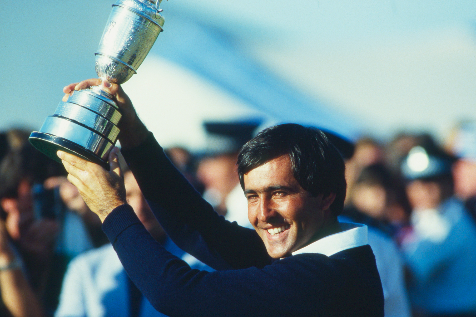Seve Ballesteros lifting the Claret Jug after winning the Open Championship, one of his five Majors