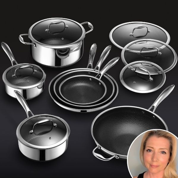 The 13-piece hybrid cookware set by Hexclad alongside a headshot of Georgina Hyam, who put them to the test in her kitchen for the Reader Approved Awards.
