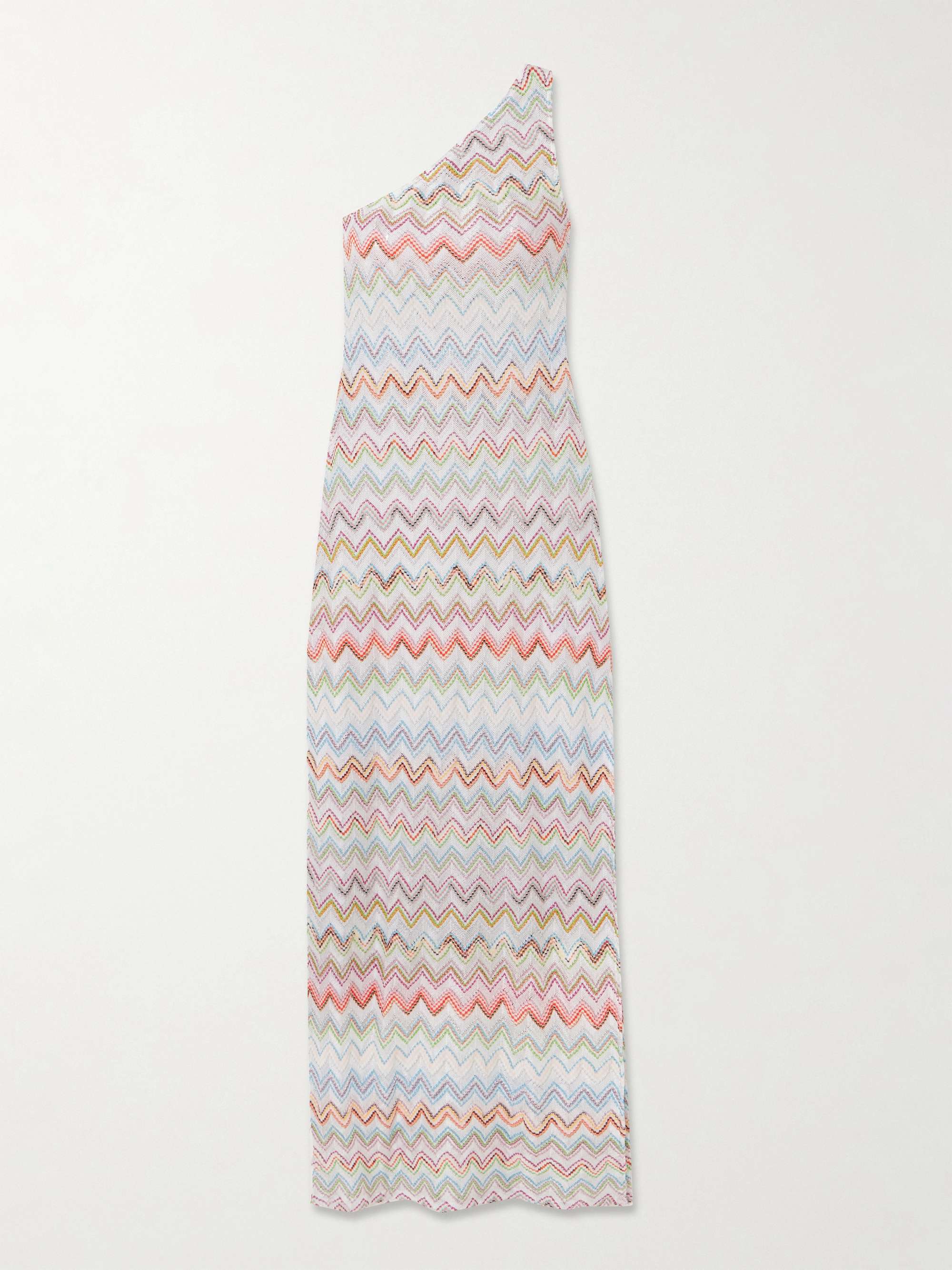 One-Shoulder Striped Metallic Crochet-Knit Coverup