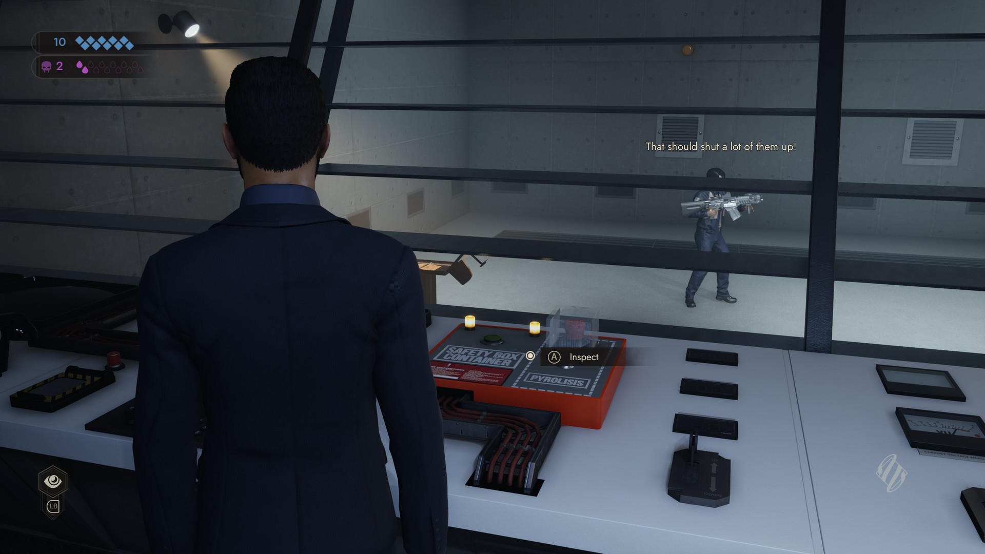 Galeb watches a target in a shooting range in Vampire: The Masquerade - Swansong while near a pyro kill switch