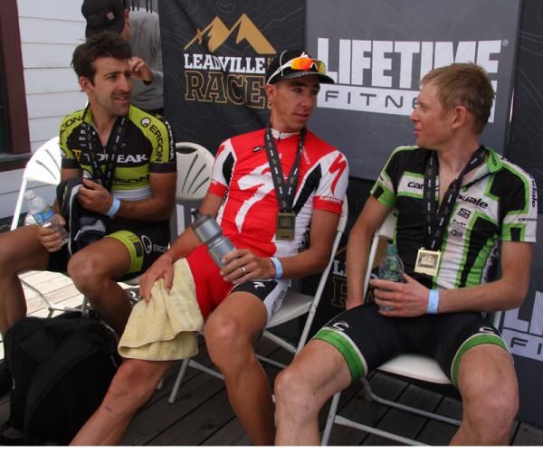 Top three men at the Leadville 100: Alban Lakata (2nd), Todd Wells (1st), Alex Grant (3rd)