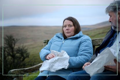 a still of Joanna Scanlon sitting on a park bench eating chips in The Light in the Hall