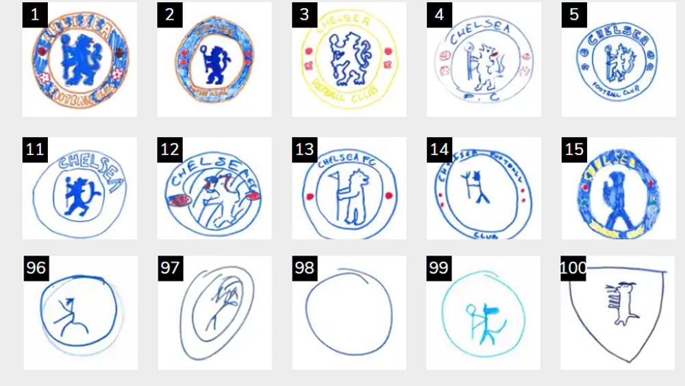 Football badges drawn from memory
