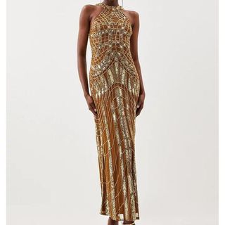 Embellished Geo Halter Woven Maxi Dress