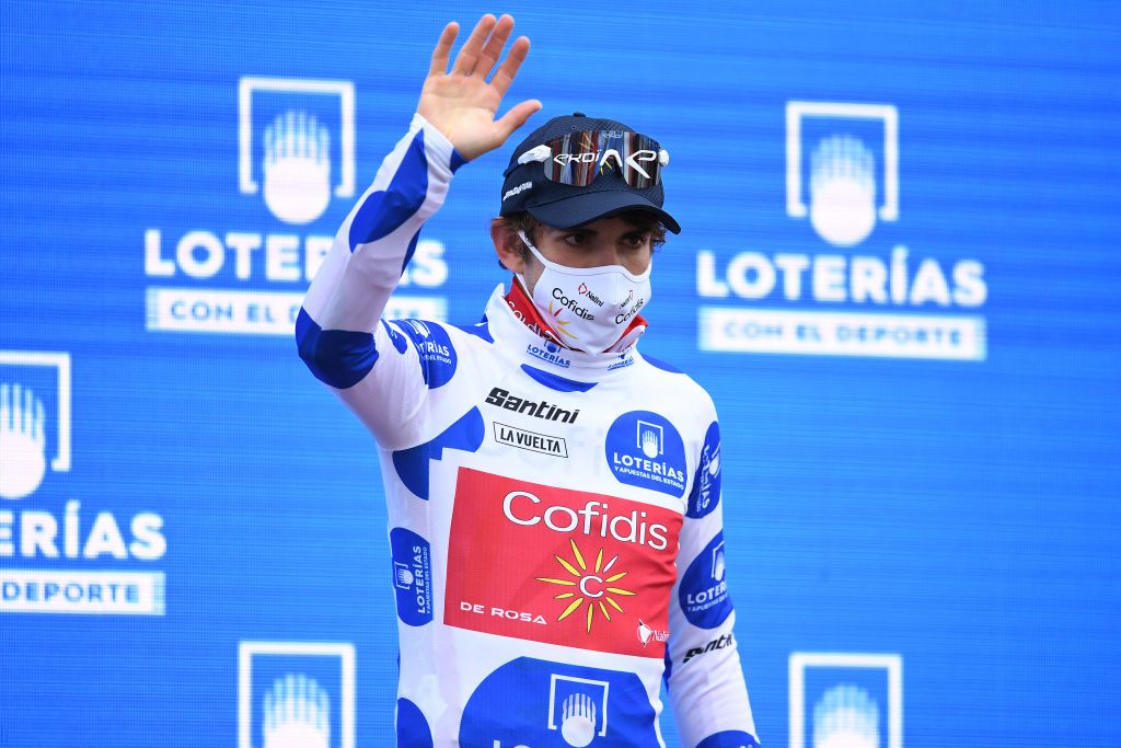 PUEBLA DE SANABRIA SPAIN NOVEMBER 05 Podium Guillaume Martin of France and Team Cofidis Solutions Credits Polka Dot Mountain Jersey Celebration during the 75th Tour of Spain 2020 Stage 15 a 2308km stage from Mos to Puebla de Sanabria 924m lavuelta LaVuelta20 La Vuelta on November 05 2020 in Puebla de Sanabria Spain Photo by David RamosGetty Images